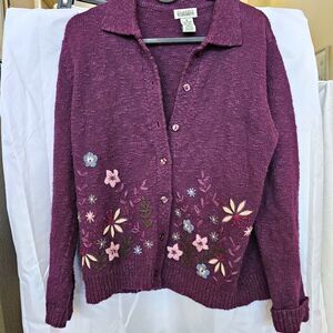 Classic Elements Purple Floral Embroidered Button Down Cardigan Petite S (6-8)